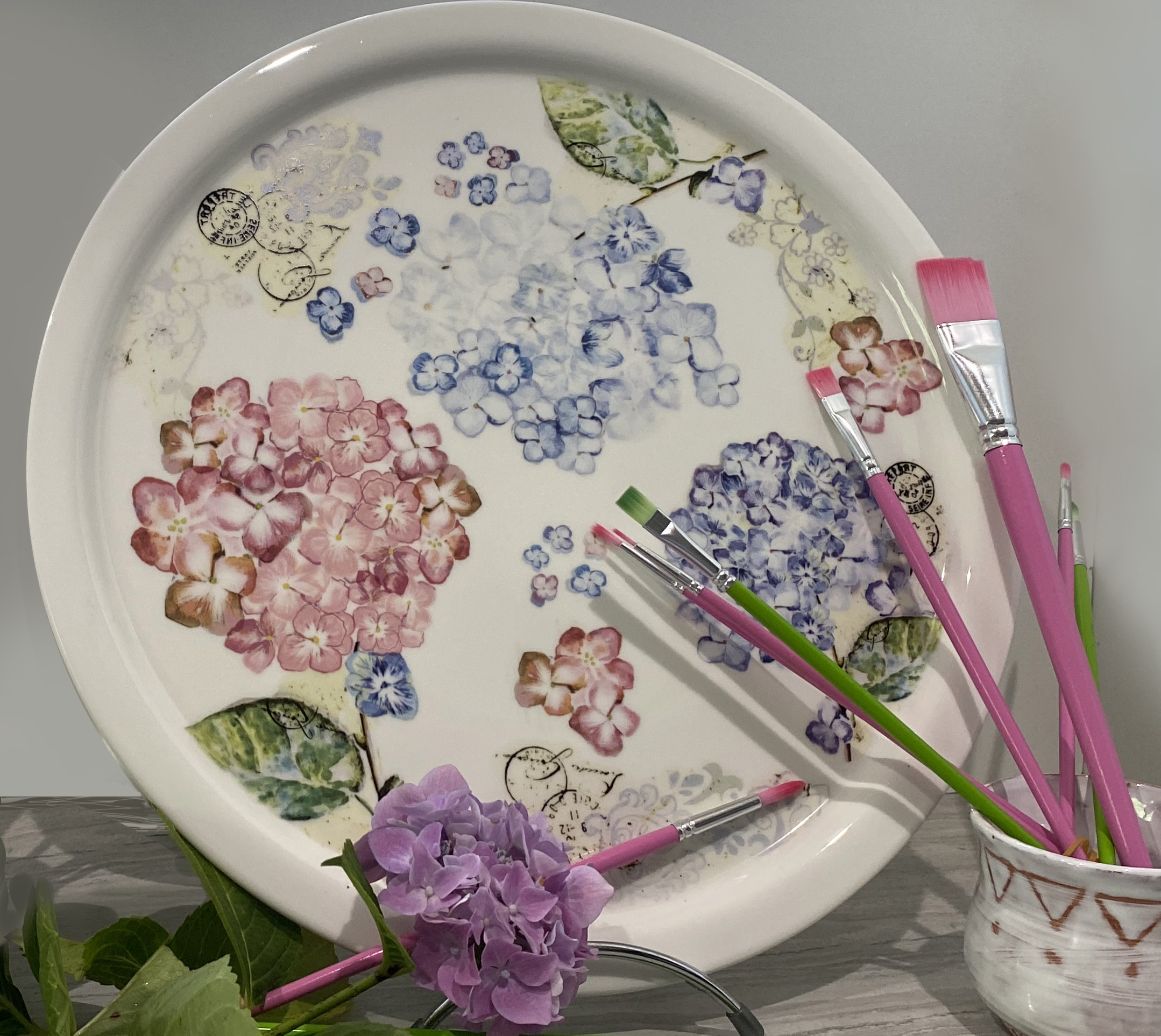 Grand plat rond Hortensia